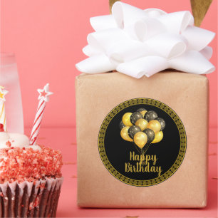 Adesivo Redondo Feliz aniversário, ouro e preto,
