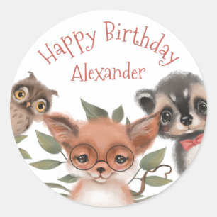 Adesivo Redondo Feliz Aniversário para Menino dos Animais da Flor