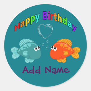 Adesivo Redondo Feliz Aniversário Peixe, Coração, Personalizado.