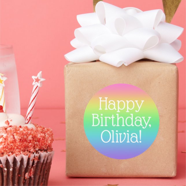 Adesivo Redondo Feliz Aniversário Personalizado Arco-Íris (Festa)