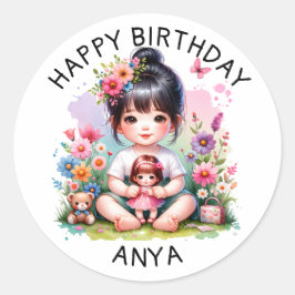 Adesivo Redondo Feliz Aniversário Personalizado | Bonito garota as