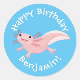 Adesivo Redondo Feliz aniversário personalizado do axolotl branco 