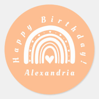 Adesivo Redondo Feliz Aniversário Personalizado Peach Rainbow