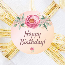 Adesivo Redondo Feliz Aniversário pincel rosa rosa-rosa-ouro flora