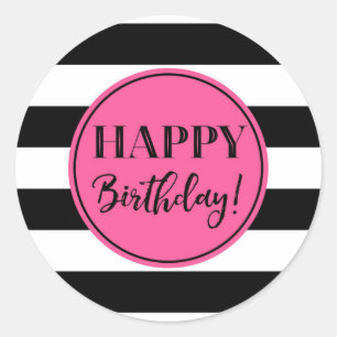 Adesivo Redondo Feliz Aniversário, Pink Black White Stripes