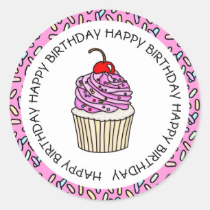 Adesivo Redondo Feliz Aniversário Pink e Vanilla Cupcake