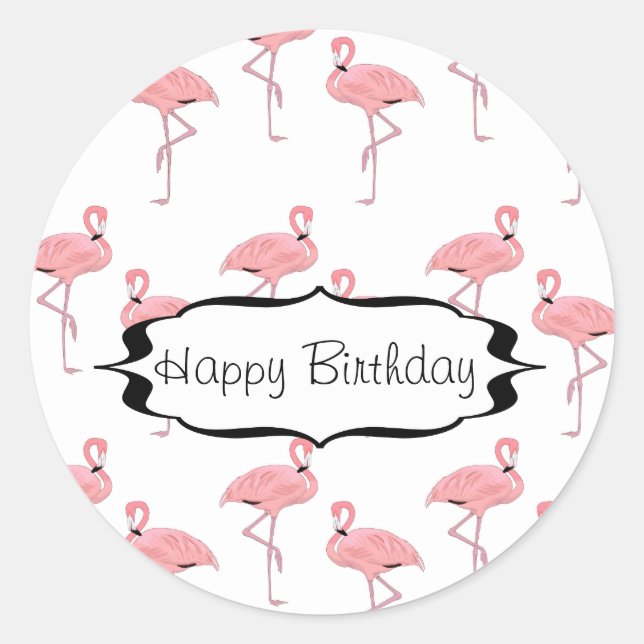 Adesivo Redondo Feliz Aniversário Pink Flamingo Patterno (Frente)