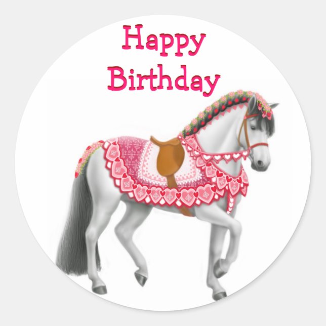 Adesivo Redondo Feliz Aniversário Pink Parade Horse Sticker (Frente)