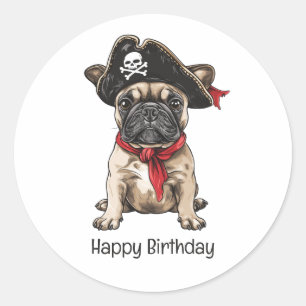 Adesivo Redondo Feliz Aniversário Pirata Buldogue Francês