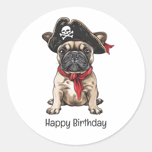 Adesivo Redondo Feliz Aniversário Pirata Buldogue Francês (Frente)