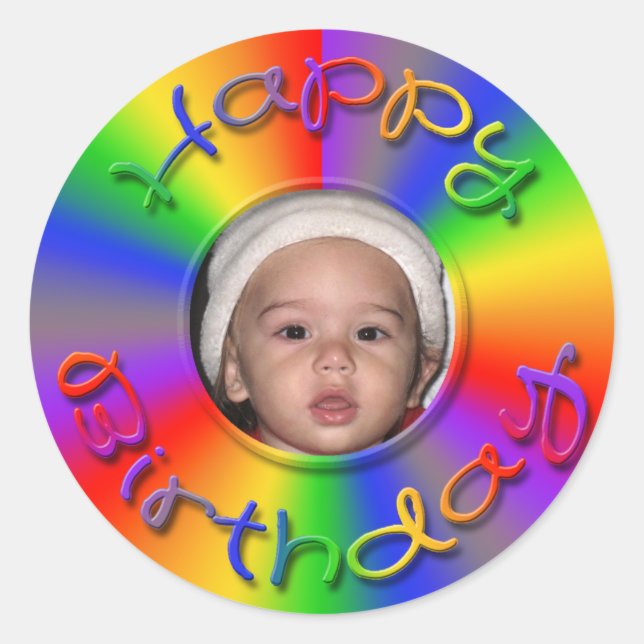 Adesivo Redondo Feliz aniversário Rainbow Photo Stickers Modelo (Frente)