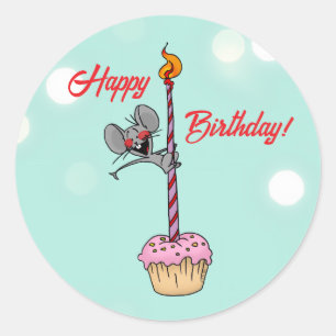 Adesivo Redondo Feliz Aniversário Rato com Bolo e Vela