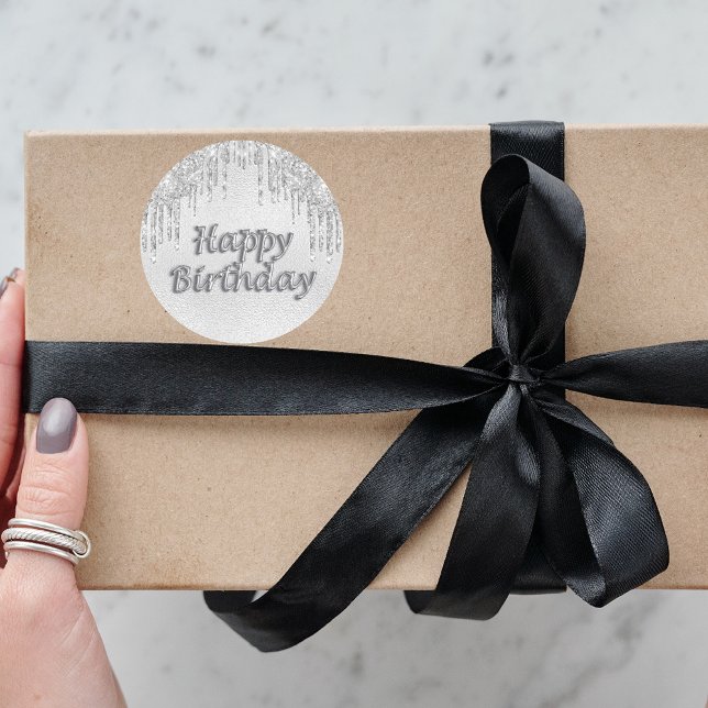 Adesivo Redondo Feliz aniversário, relva prateada, goteja de metal (Criador carregado)