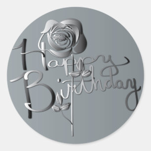 Adesivo Redondo "Feliz aniversário!" Rosa 3D Silver manuscrito