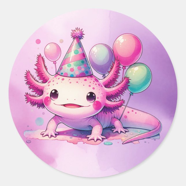 Adesivo Redondo Feliz Aniversário, Rosa e Roxo Axolotl (Frente)