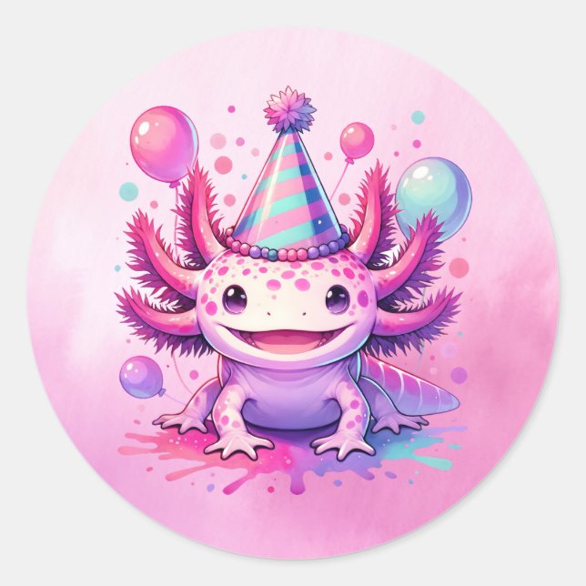 Adesivo Redondo Feliz Aniversário, Rosa e Roxo Axolotl (Frente)