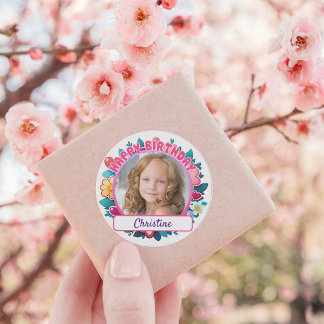 Adesivo Redondo Feliz Aniversário Rosa, flores e corações