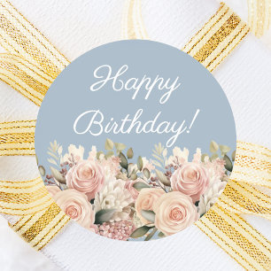 Adesivo Redondo Feliz Aniversário rosa marfim azul poeirento