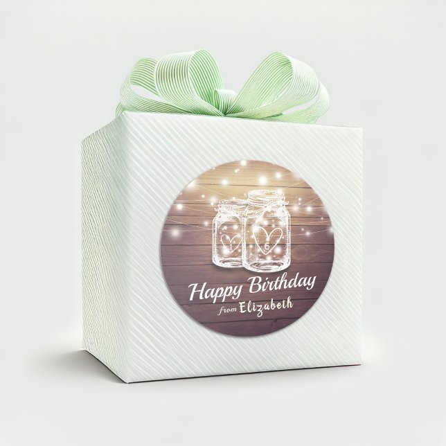 Adesivo Redondo Feliz Aniversário Russo Madeira Mason Jar String L (Criador carregado)