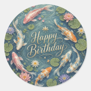 Adesivo Redondo Feliz Aniversário Sereno Lago de Koi Lírio de Água