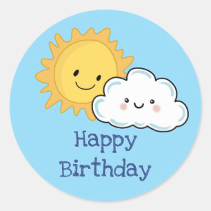 Adesivo Redondo Feliz Aniversário Sol Kawaii e Nuvem