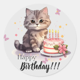 Adesivo Redondo Feliz aniversário, Sticker com gatinho e bolo boni