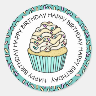 Adesivo Redondo Feliz Aniversário Teal e Vanilla Cupcake