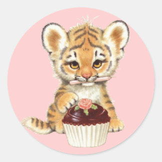 Adesivo Redondo Feliz Aniversário - Tigre Bonito com Cupcake