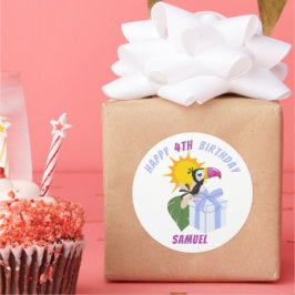 Adesivo Redondo Feliz Aniversário Tropical Toucan Personalizada