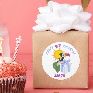 Adesivo Redondo Feliz Aniversário Tropical Toucan Personalizada