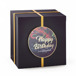 Adesivo Redondo Feliz Aniversário Vermelho Floral Dourado Roteiro 