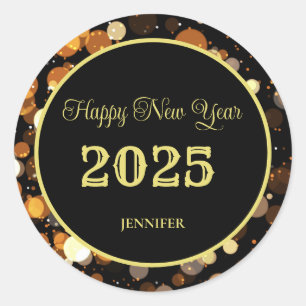 Adesivo Redondo Feliz ano novo 2025 Bolha Dourada Elegante