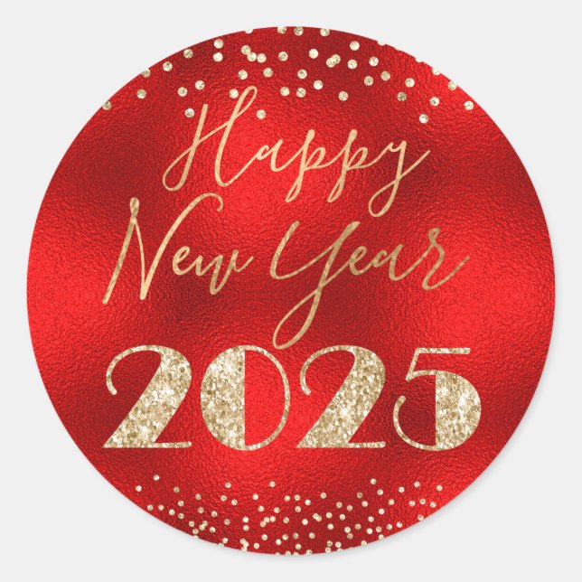 Adesivo Redondo Feliz ano novo 2025 Diamantes vermelhos e Dourados (Frente)