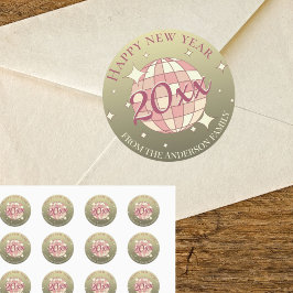 Adesivo Redondo Feliz ano novo 2025 dourado rosa