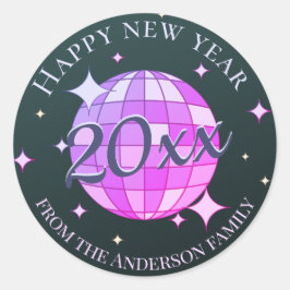 Adesivo Redondo Feliz ano novo 2025 preto roxo rosa
