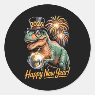 Adesivo Redondo Feliz Ano Novo 2026 Camiseta Dinossauro T-rex Dive