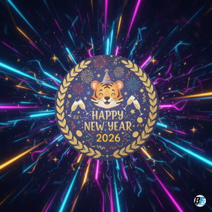 Adesivo Redondo Feliz Ano Novo 2026 Festa de Celebração do Tigre
