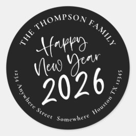 Adesivo Redondo Feliz ano novo 2026 Script Return Address Black