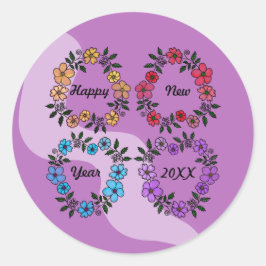 ADESIVO REDONDO FELIZ ANO NOVO 20XX PERSONALIZADO E FLOWERS WREATH