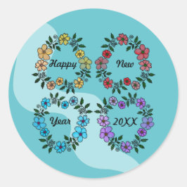 ADESIVO REDONDO FELIZ ANO NOVO 20XX PERSONALIZADO E FLOWERS WREATH