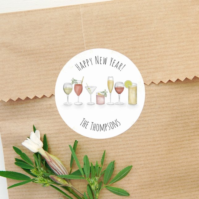 Adesivo Redondo Feliz Ano Novo Aquarela Bela Coquetel Bebidas (Criador carregado)