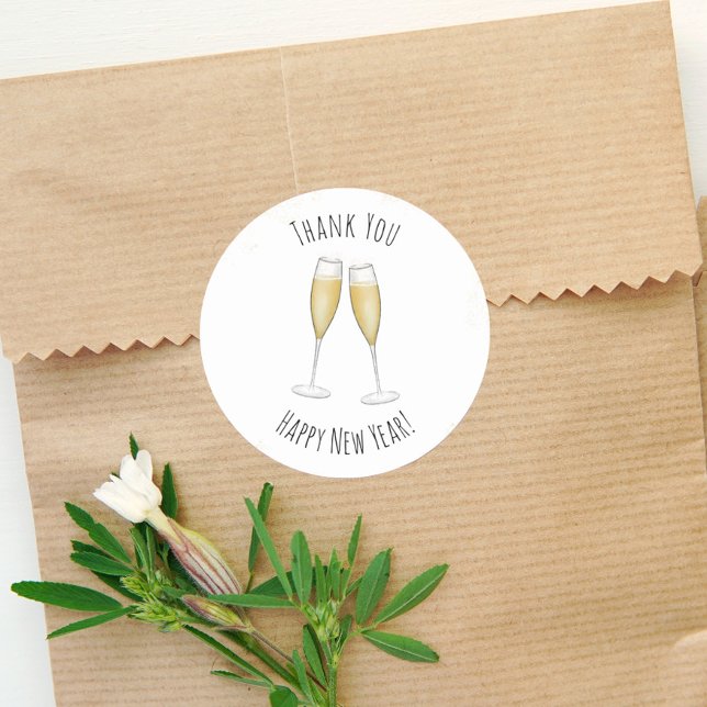 Adesivo Redondo Feliz Ano Novo Aquarela Champanhe Obrigado (Criador carregado)