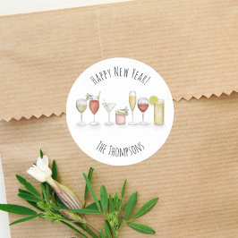 Adesivo Redondo Feliz Ano Novo Aquarela Cute Coquetel Bebidas