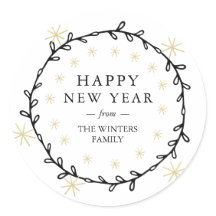 Feliz Ano Novo Coroa de Louro Estrelas Douradas No