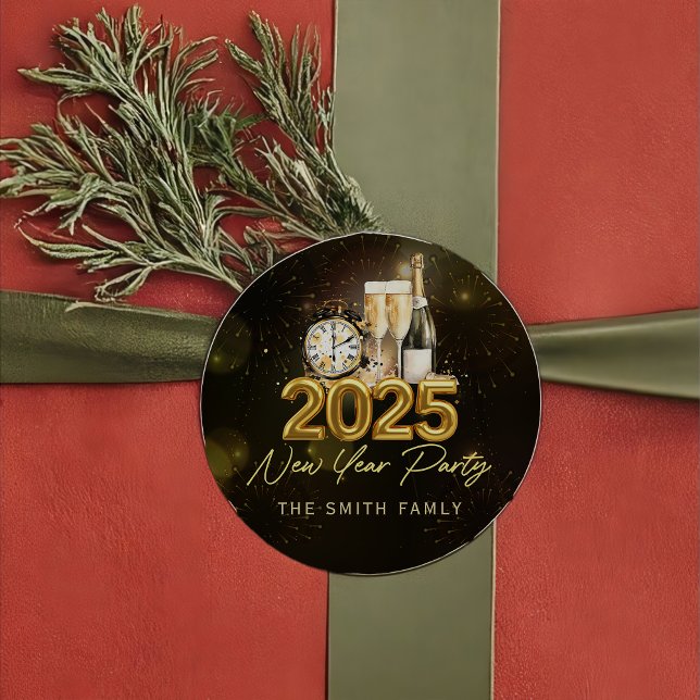 Adesivo Redondo Feliz ano novo de Champanhe Dourado 2025 (Criador carregado)