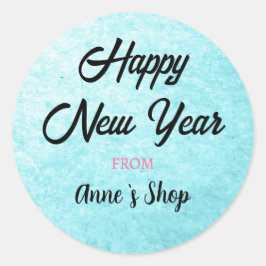 Adesivo Redondo Feliz ano novo de Nome de Marca Personalizado Azul