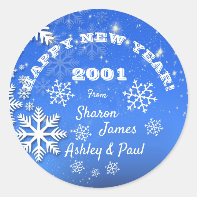 Adesivo Redondo Feliz ano novo de nome personalizado Snowflakes 20 (Frente)