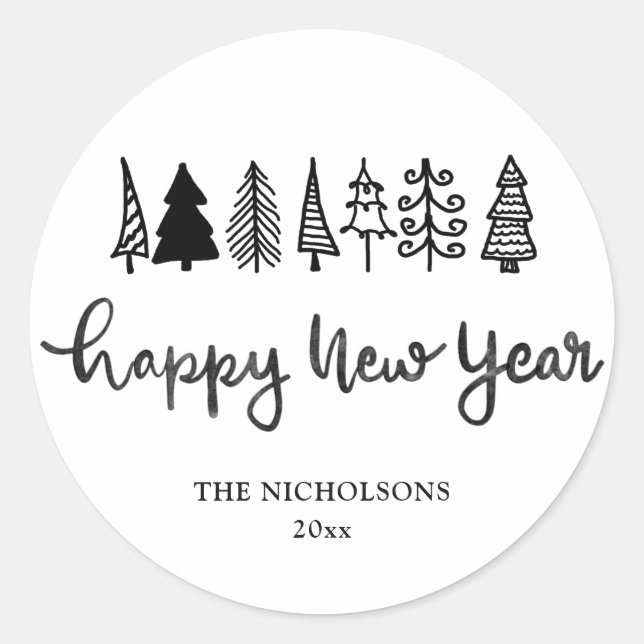 Adesivo Redondo Feliz ano novo | Feriado moderno manuscrito (Frente)
