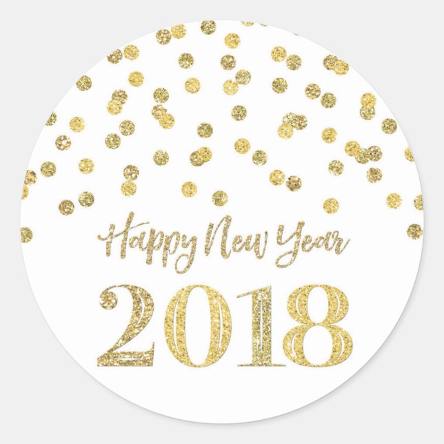 Adesivo Redondo Feliz ano novo Glitter Confetti Dourado 2018 (Frente)