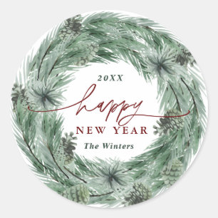 Adesivo Redondo Feliz ano novo Pine Tree Wreath